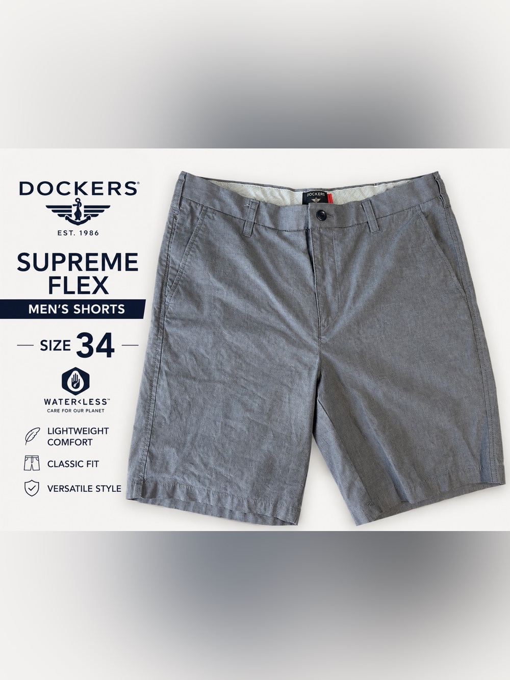 Dockers Supreme Flex Men’s Gray Flat Front Shorts Size 34 Lightweight Casual